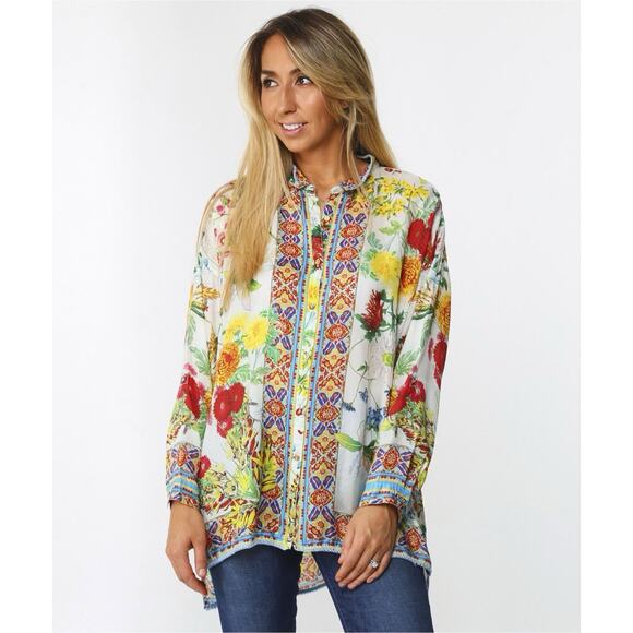 Johnny Was Jaffa Silk Floral Button Down Tunic Blouse - Picture 1 of 8